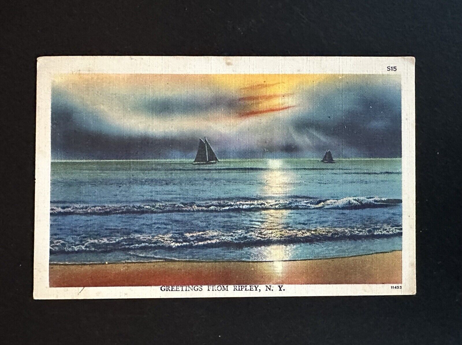Postcard Greeting from Ripley New York Sail Boats On Lake Sunset R241