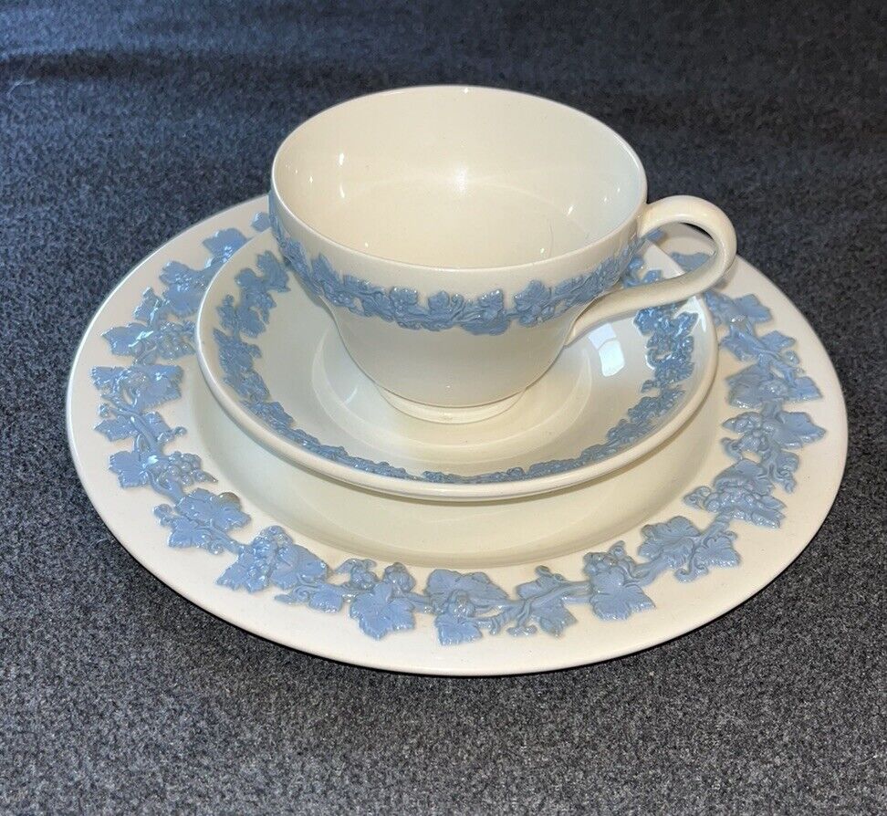 Wedgewood Queensware Teacup & Saucer + Plate - White Blue Embossed Lavender