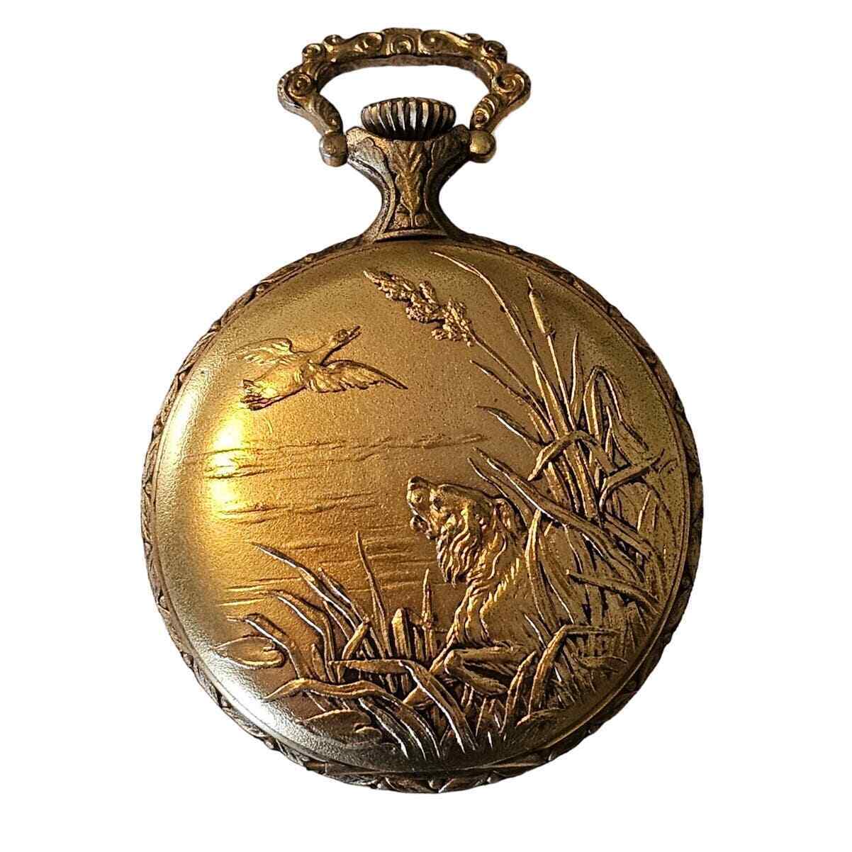Vintage JP Pingouin Pocket Watch Gold Tone with Hunting Dog & Bird 