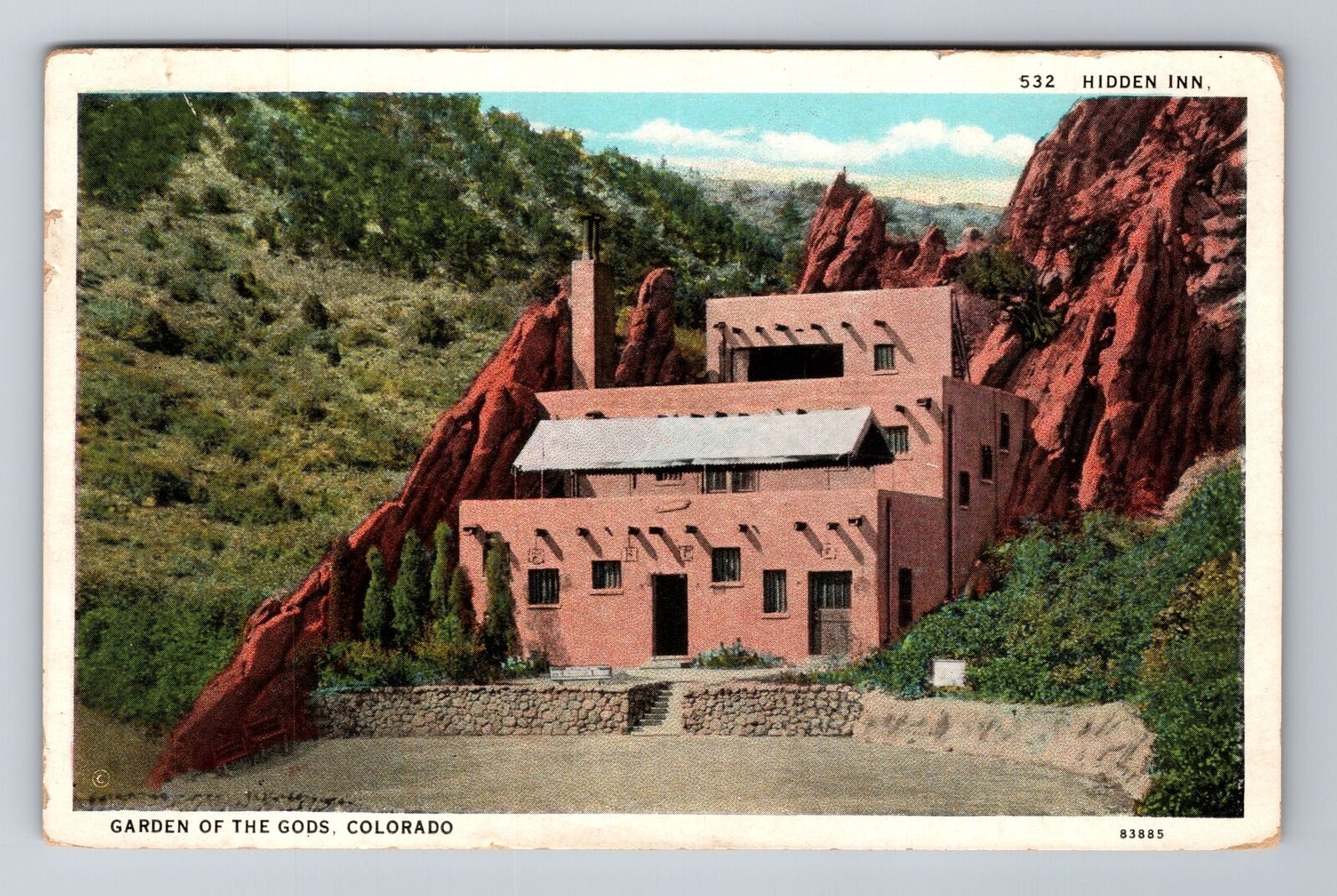 CO-Colorado Springs, Hidden Inn Pueblo Garden Of The Gods Vintage c1932 Postcard