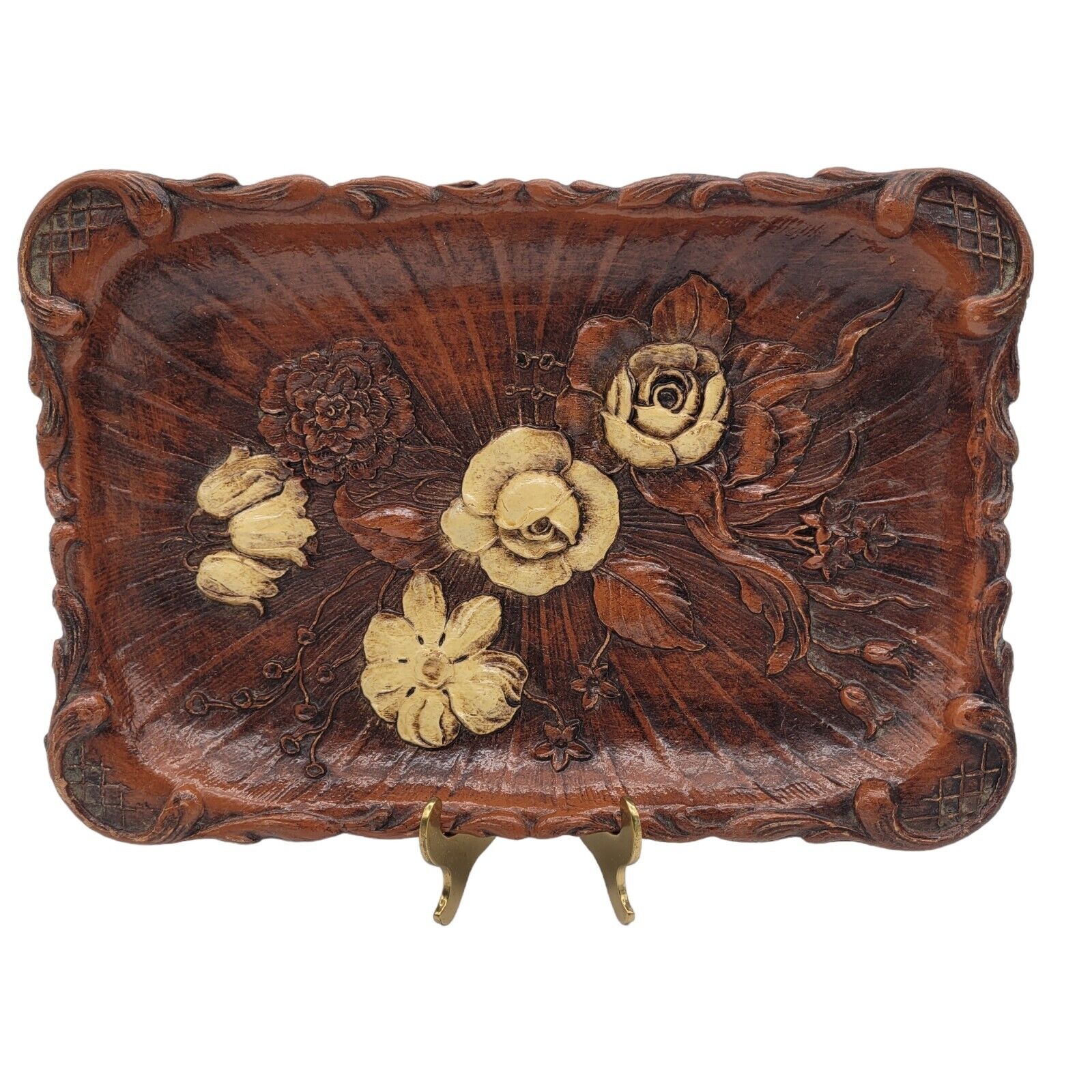 Vintage 1944 Multi Products Inc Wood Tray with Carved Flowers
