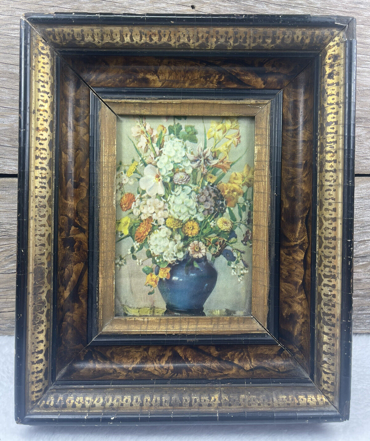 Antique Old Deep Shadow Box Framed Floral Picture 9”x10.75” VTG Has Glass Blue