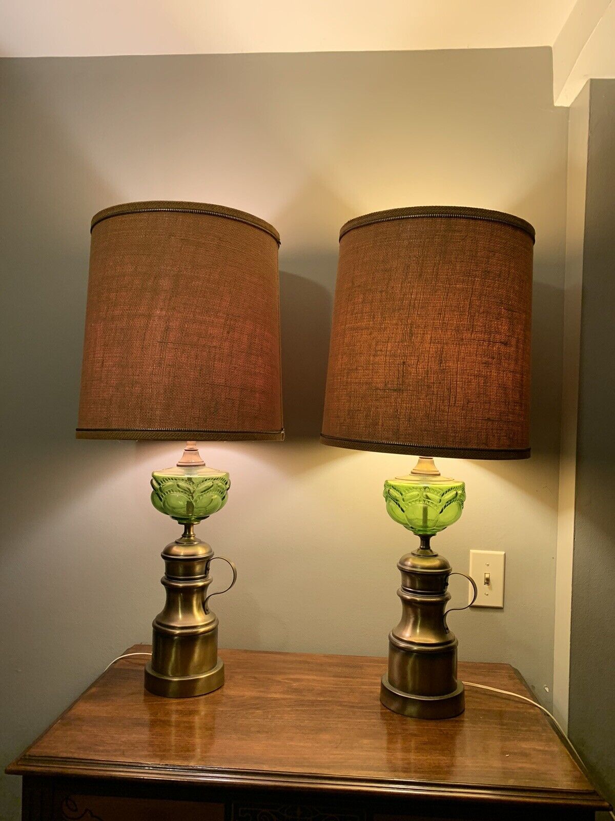 PAIR OF (2) MCM GREEN GLASS TABLE LAMPS WITH Woven Drum Shades 32”