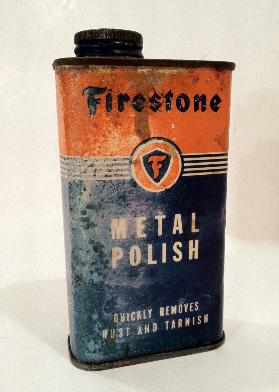 Vintage 1940\'s 50\'s Firestone Old Tin Oil Metal Polish Orange Blue Can RARE 