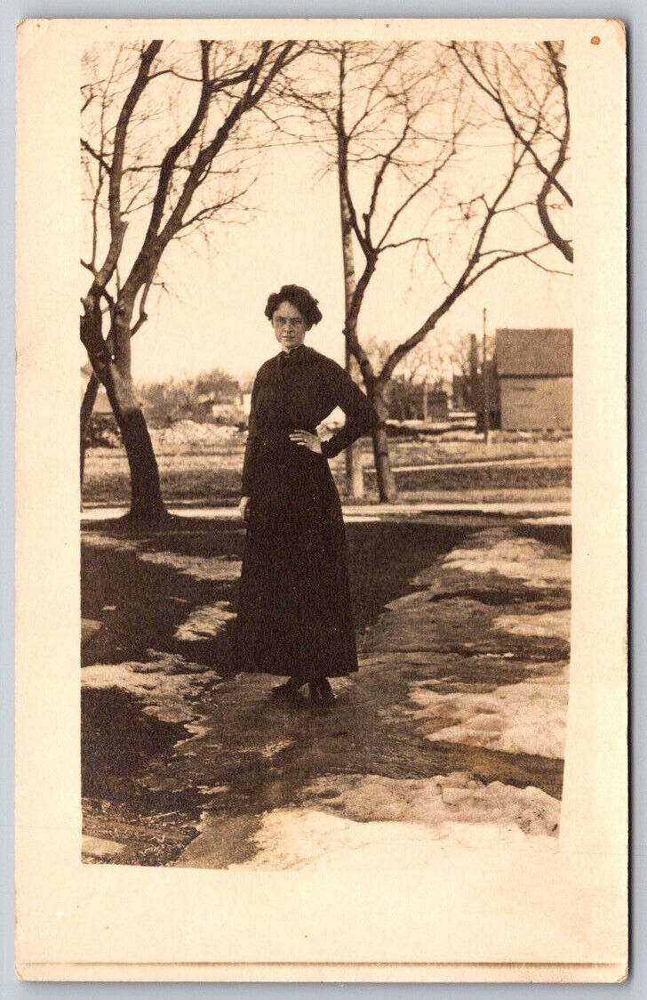 Self Portrait of Woman Posing Outside RPPC Real Photo Postcard VTG
