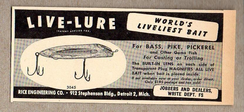 1947 Print Ad Live-Lure Fishing Lures Rice Engineering Detroit,MI
