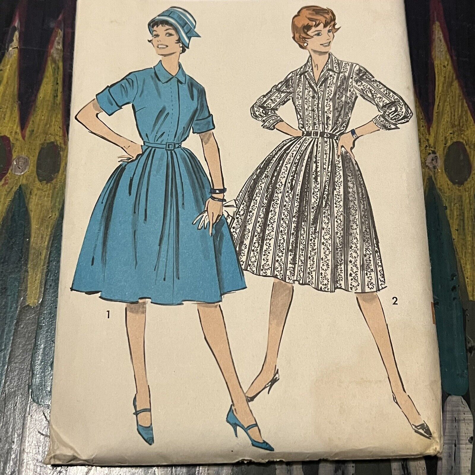 Vintage 1950s Advance 9082 Pleated Full Skirt Shirtdress Sewing Pattern 11 CUT