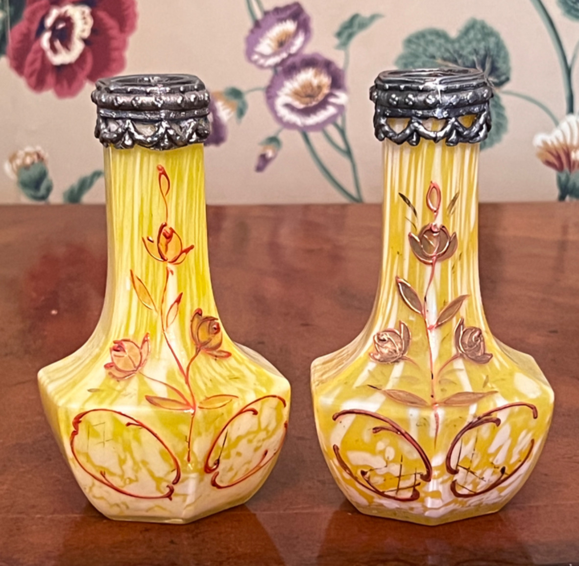Vintage Franz Welz Bohemian Hand Painted Yellow And White Vases UV Reactive
