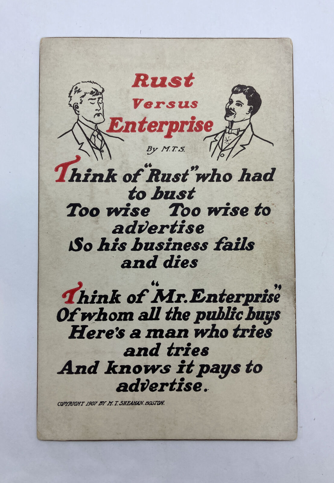 Rust Versus Enterprise Postcard By M.T.S. 1907 , Unique Postcard