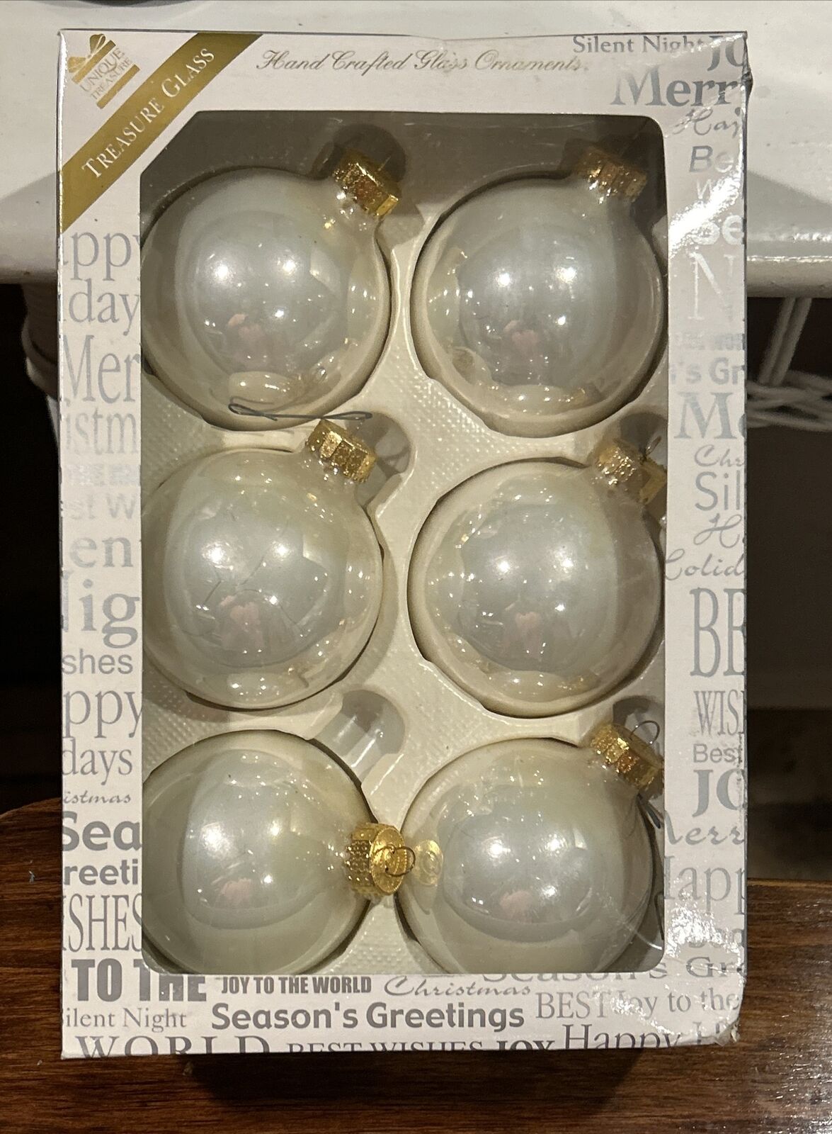 Vintage Glass Ornaments Christmas Tree Round Peal White unique Treasure Box Of 6