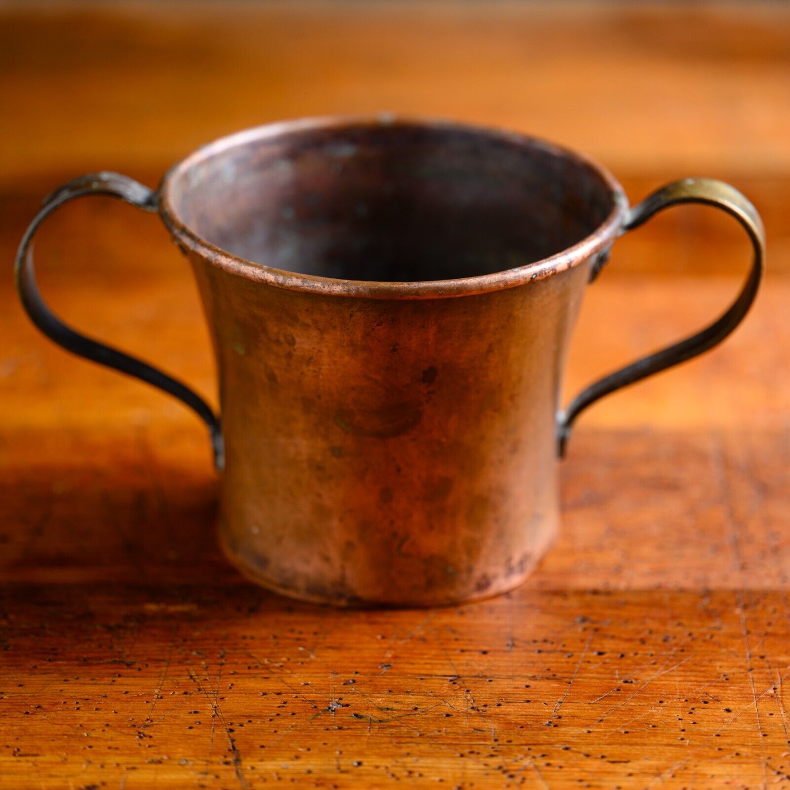 Antique Copper Pass Cup Mug 2 Handle Rustic Riveted Heavy 5.25\