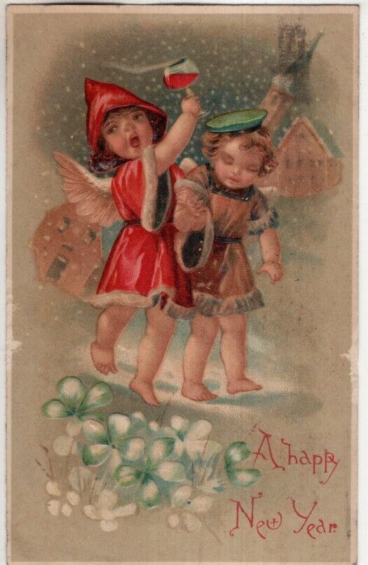 1909 ANTIQUE EMBOSSED NEW YEAR Postcard    CHILDREN, GLASS OF WINE, FALLING SNOW