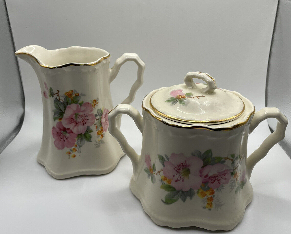 1930’s Hand Painted Porcelain Creamer & Sugar Bowl Set Floral Print Gold Trim