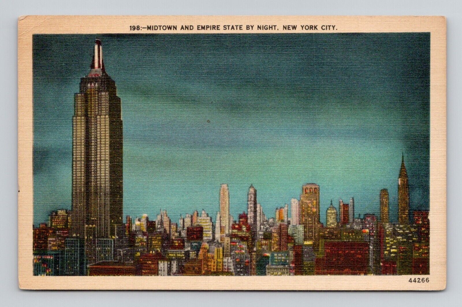 Postcard Empire State Skyline at Night Midtown New York City, Vintage Linen L15