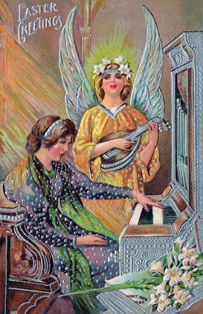 EASTER - Woman And Musical Angel Easter Greetings Postcard