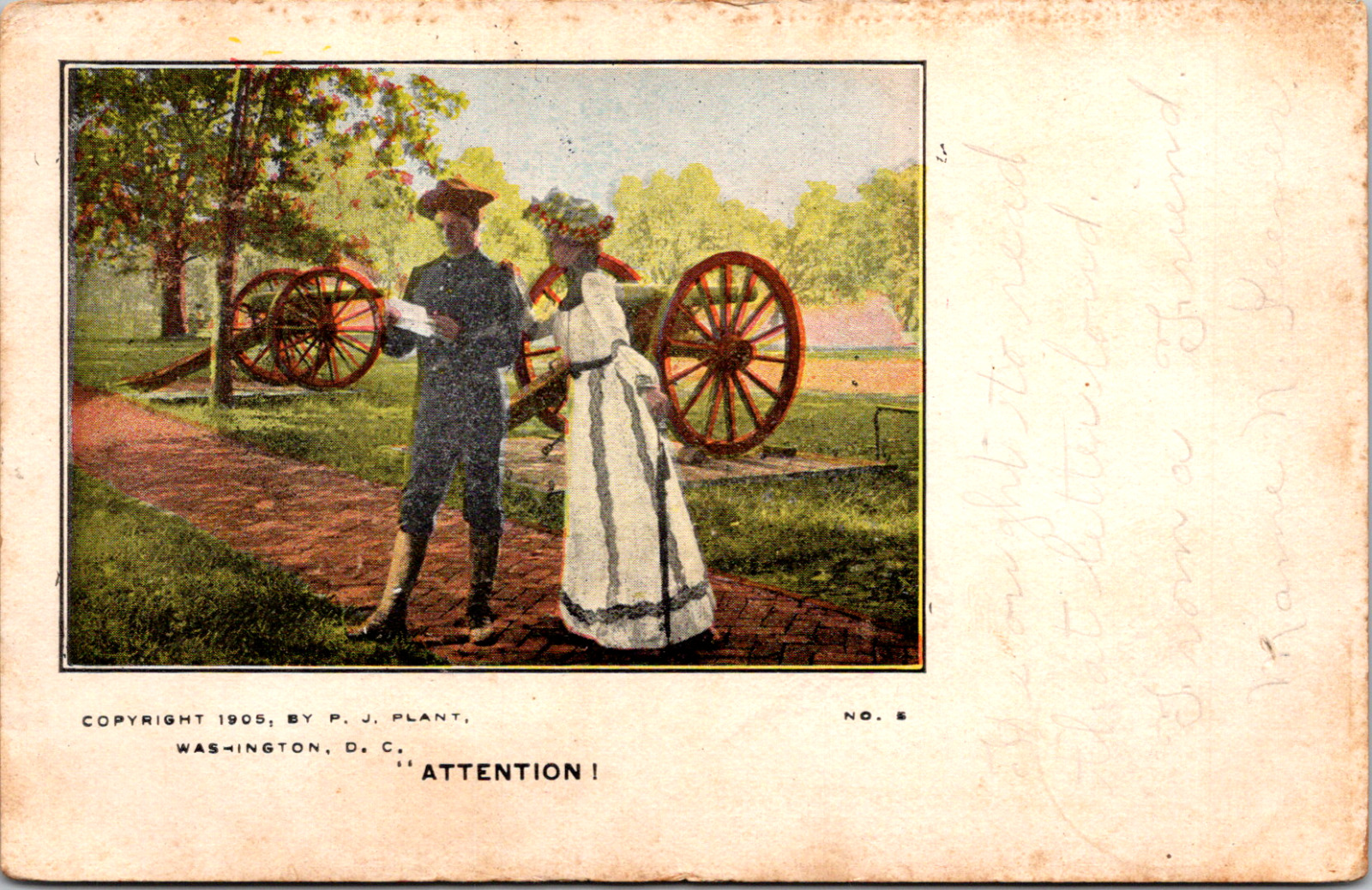 Vintage 1905 Postcard Soldier Reading Letter from Lovely Dress Lady & Artillery 