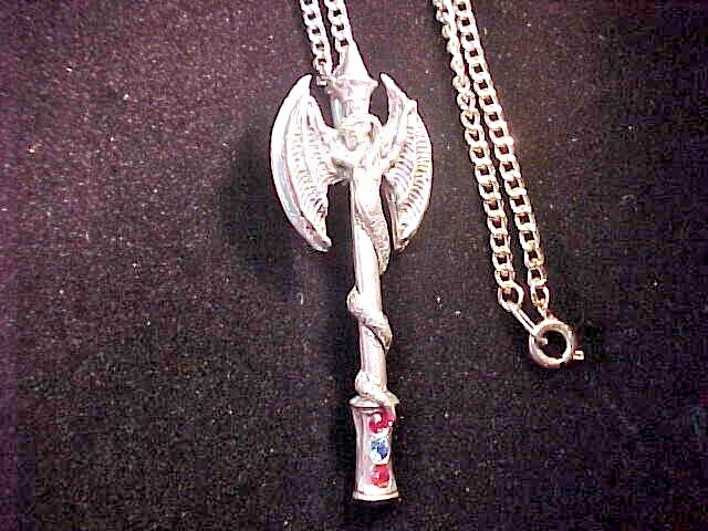 Dragon On A Battle Axe Pendant Necklace Red & Blue Crystals Comstock Pewter