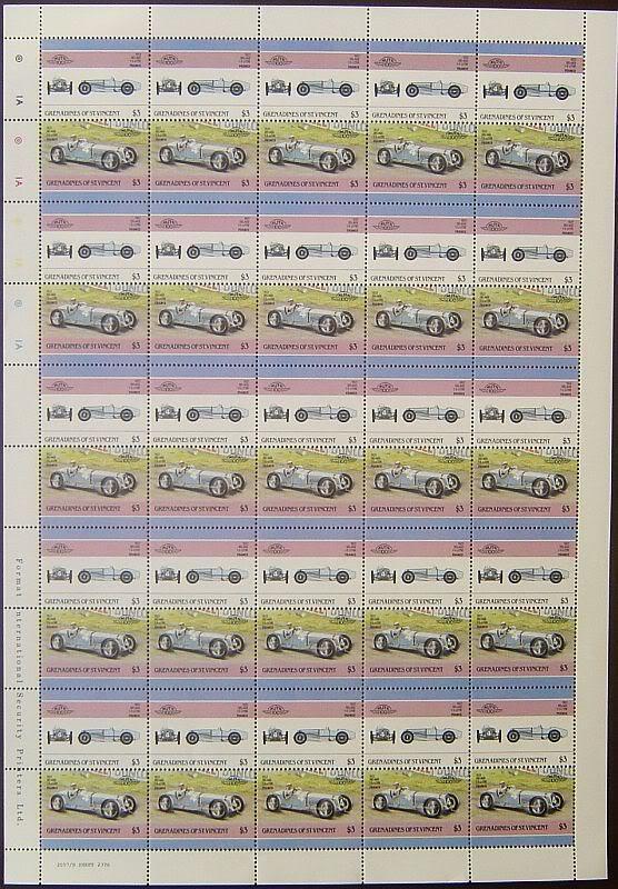 1927 DELAGE Grand Prix Race Car 50-Stamp Sheet (1986 Grenadines of St. Vincent)