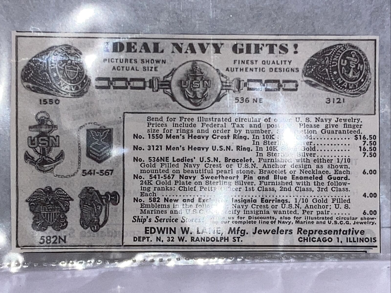 1945 Edwin Lane Navy Gifts WWII Era Print Ad Crest Ring Bracelet Enameled Guard