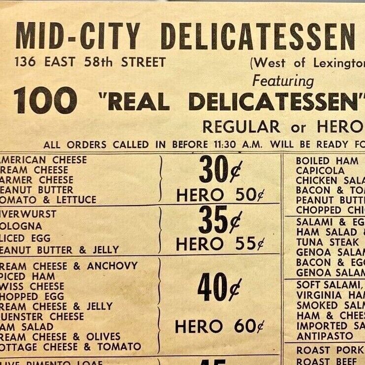 1950s Mid-City Delicatessen Stores Inc  Restaurant Menu Manhattan New York City