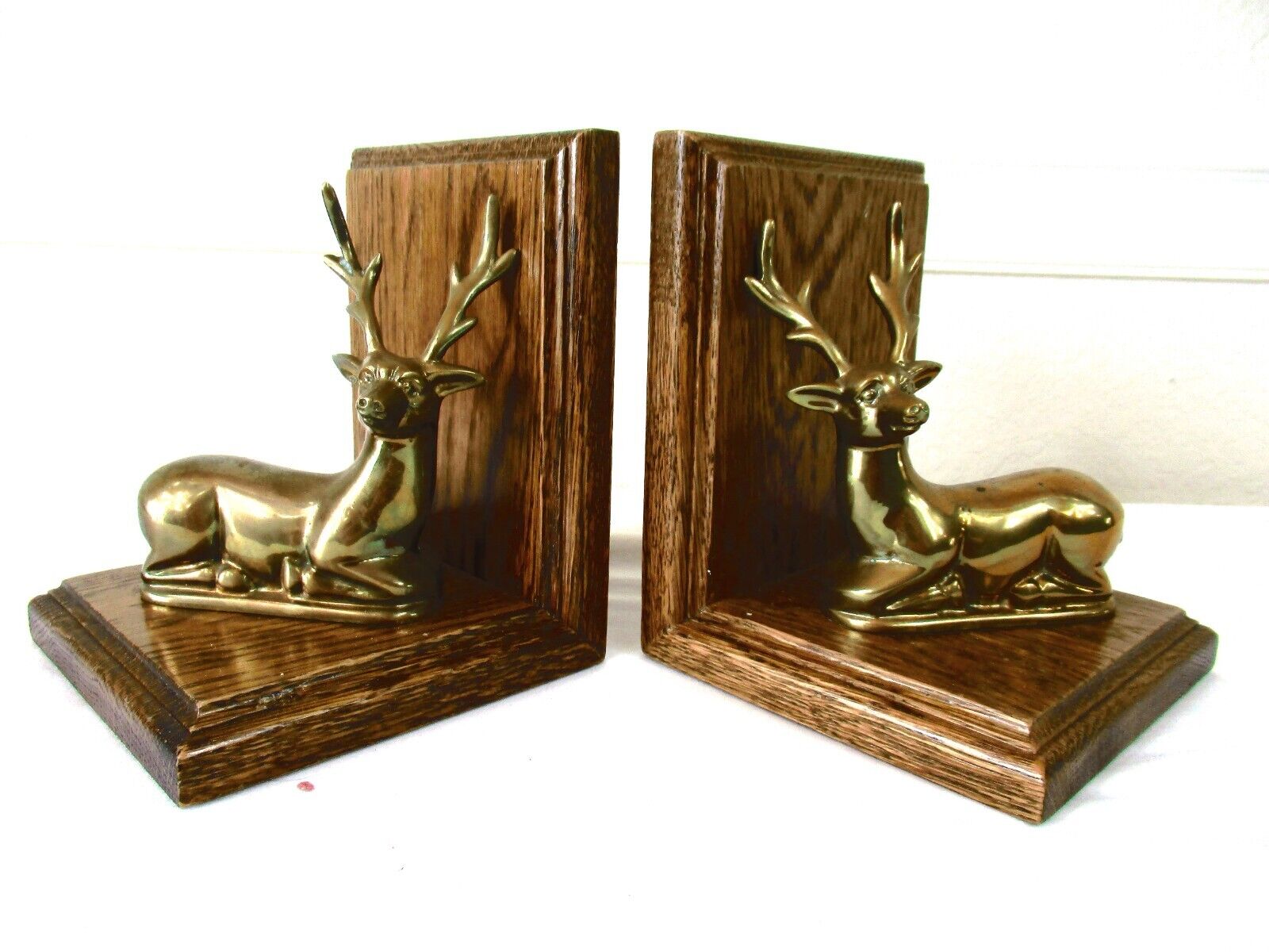 Vintage MCM Brass and Wood Deer Reindeer Stag Elk Bookends 