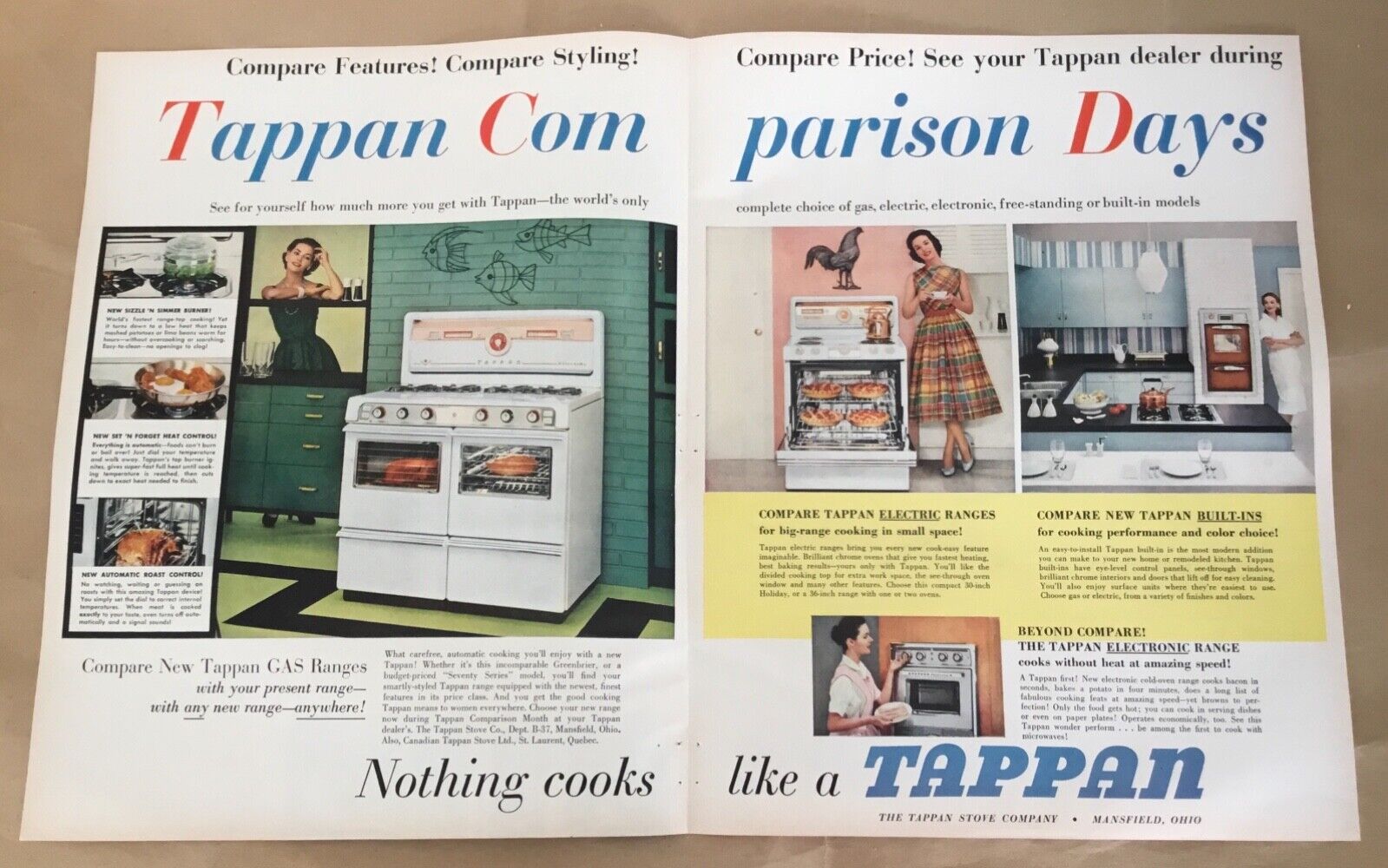 Tappan appliances print ad 1957 orig vintage 50s retro home decor kitchen stoves