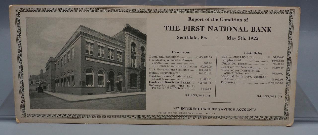 Vintage Report on Condition of First National Bank Scottdale Pennsylvania 1922