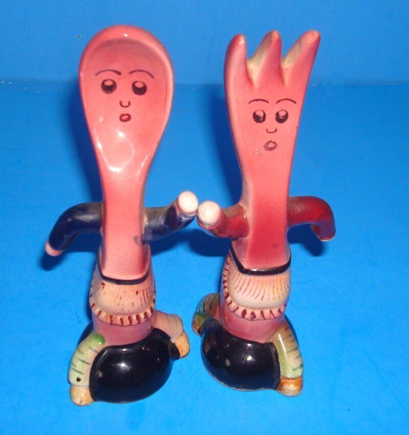 Vtg 1950s Anthropomorphic Running Fork Spoon Salt & Pepper Shakers