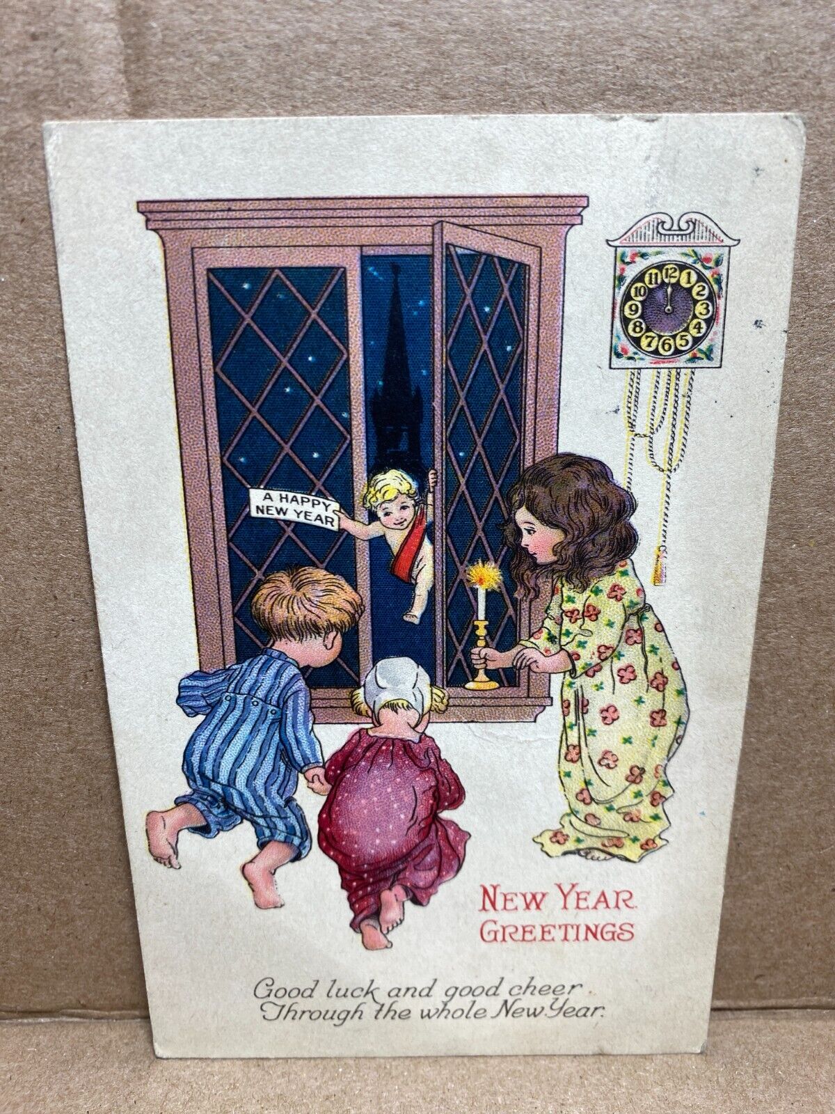 New Year Children Window Baby Cherub Candle Light Clock 1928 Vintage Postcard 17