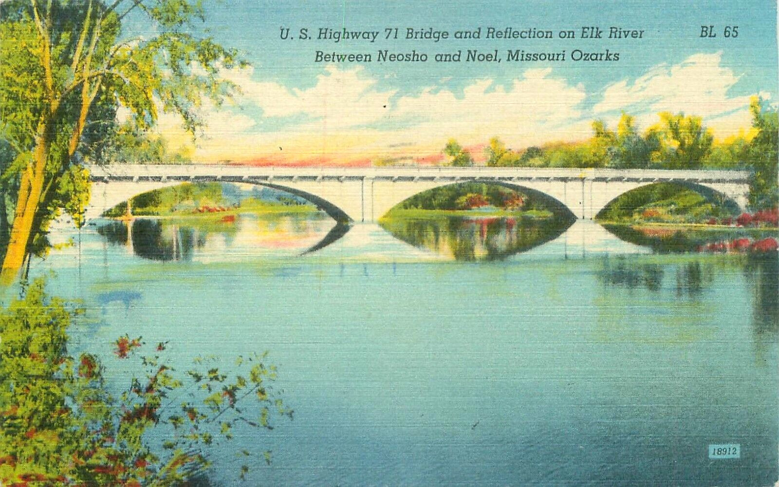 U.S. Highway 71 Bridge Elk River Ozarks Missouri Linen Postcard