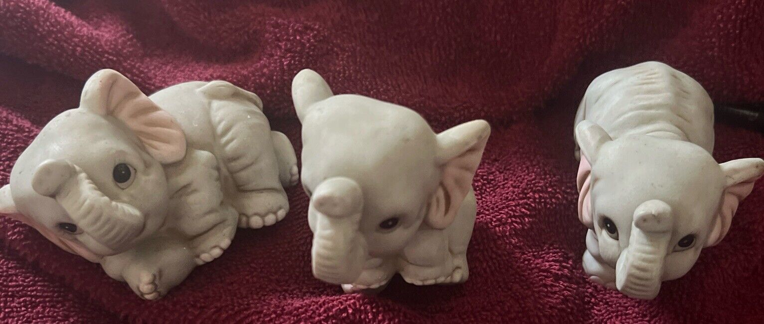 Vintage Homco Set of 3 Baby Elephant Collectible Figurines #1400 Gray Porcelain