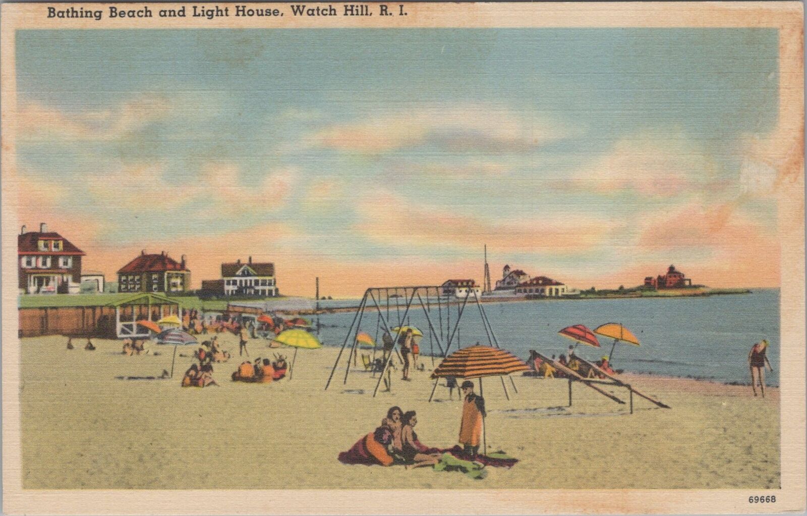Bathing Beach and Lighthouse Watch Hill Rhode Island 1946 Postcard