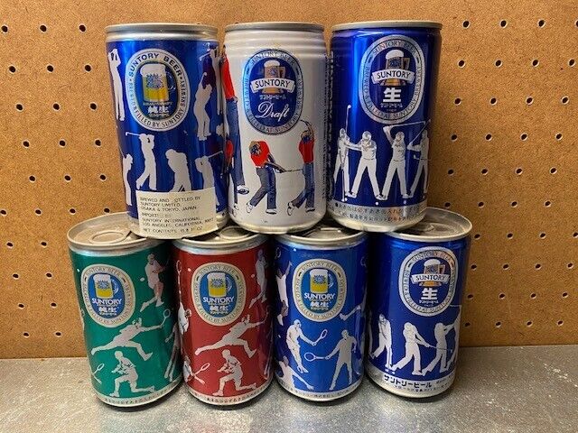 Set of 7 different Suntory Beer 355ml EMPTY sports beer cans Japan golf baseball