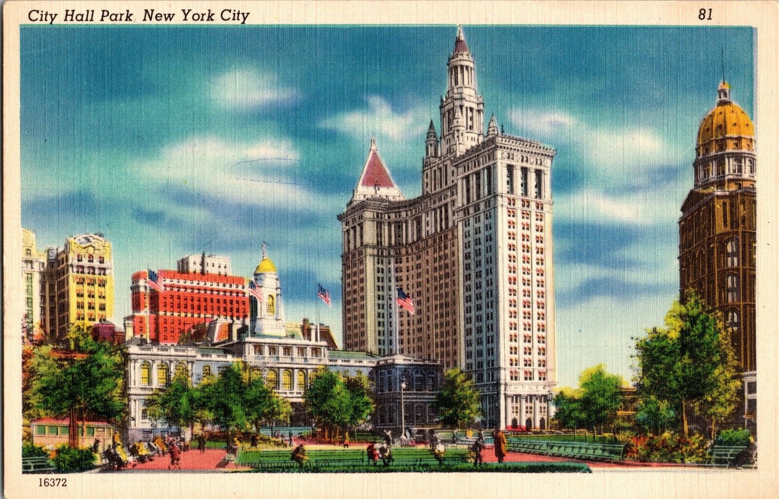 1947 Postcard City Hall Park, New York City Skyline Sky Scrapers