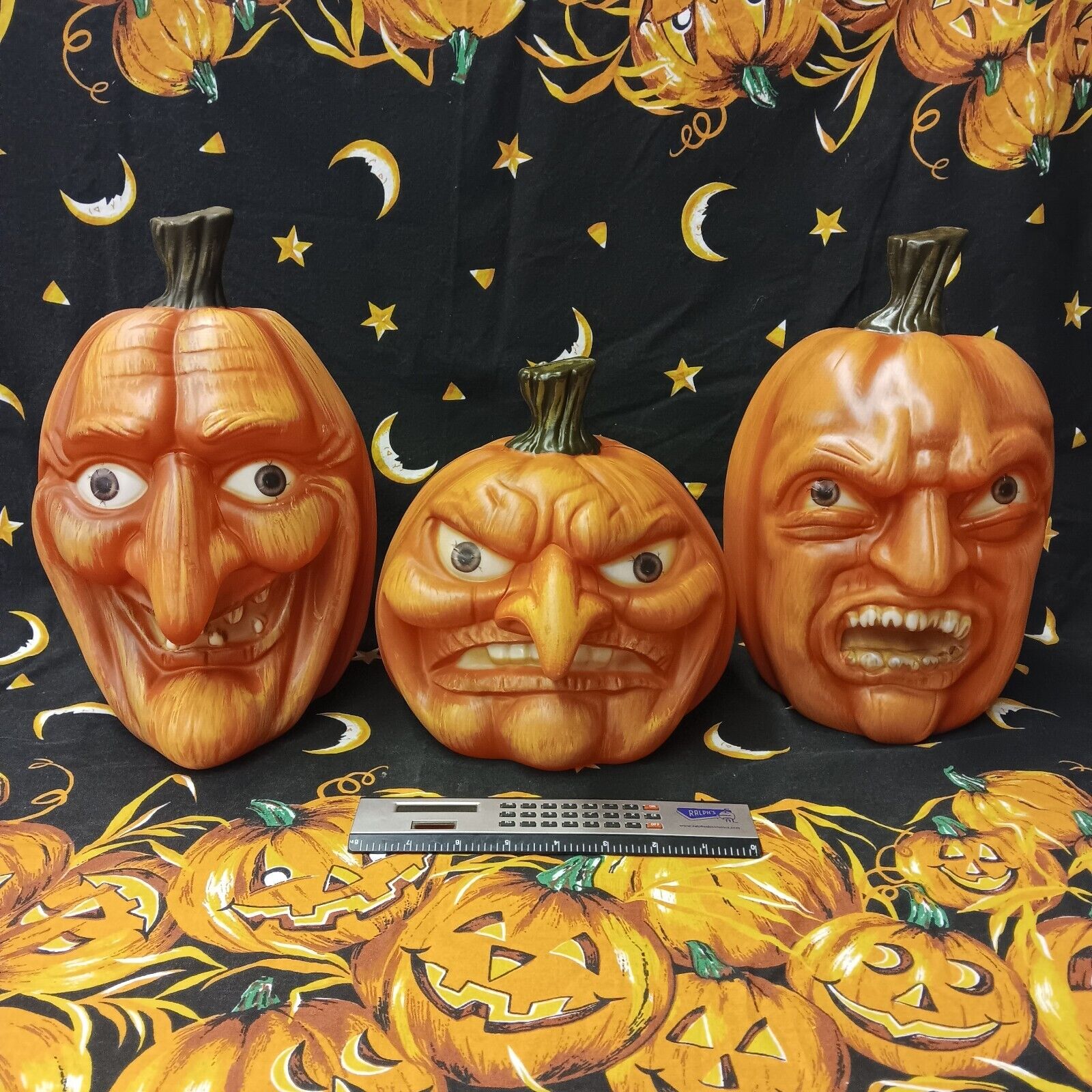 3 Blow Mold Jack-O-Lantern Pumpkin Human Face LED Light Kitschy Vintage Retro