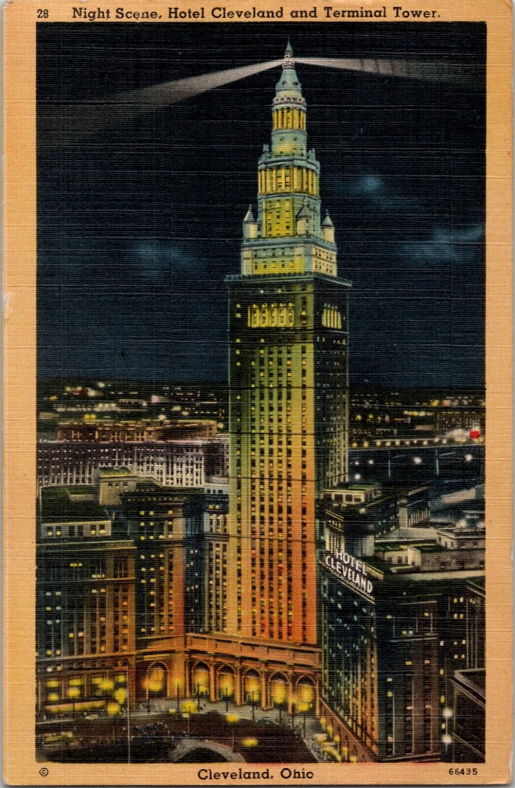Night Scene Hotel Cleveland & Terminal Tower Vintage Postcard spc8