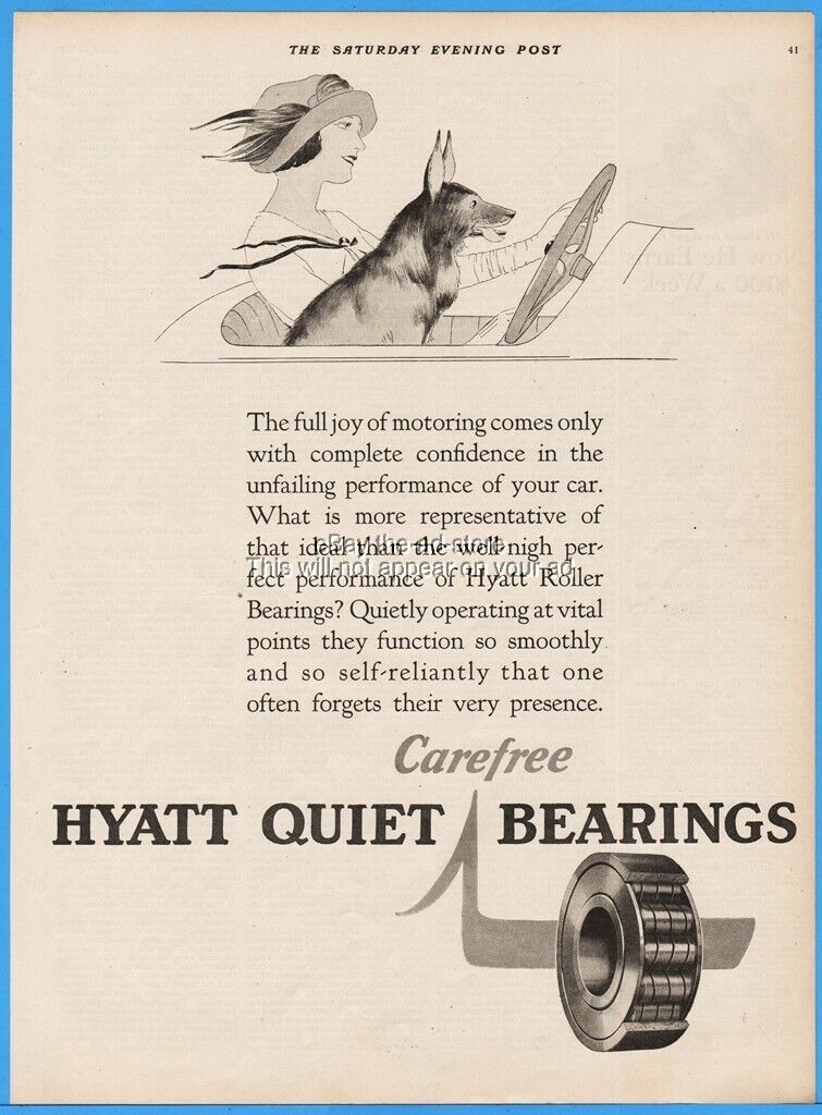 1922 Hyatt Roller Bearing Co Women Driving Convertible With Dog Automotive Ad