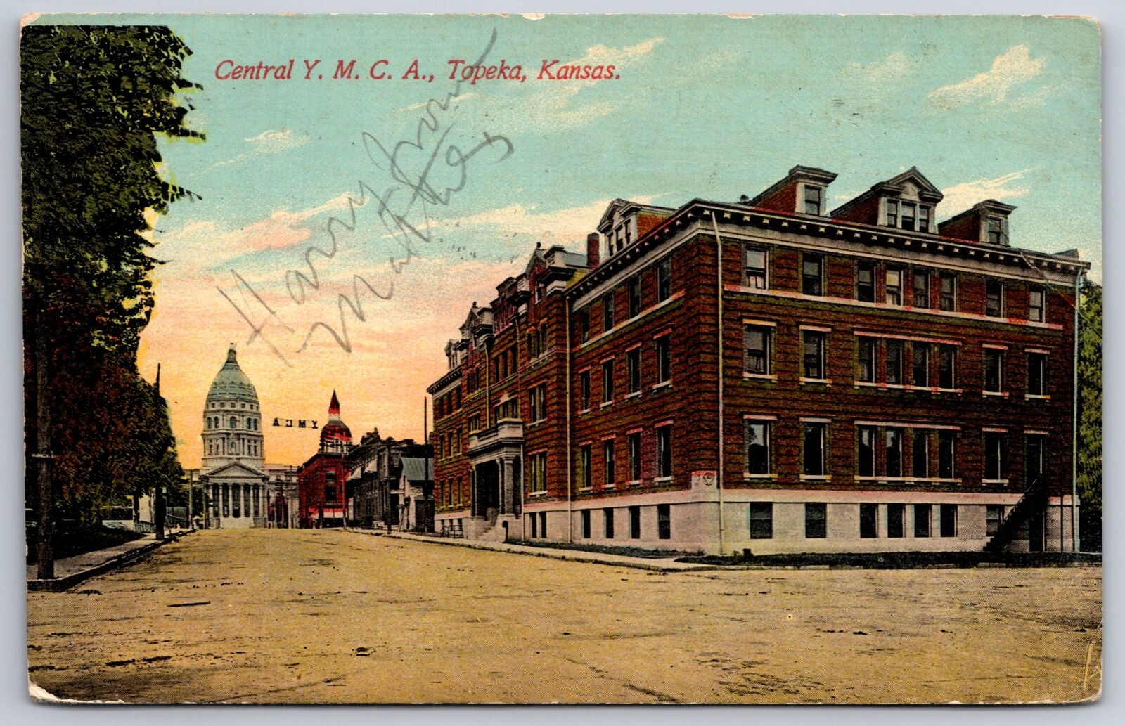 Topeka Kansas~Central YMCA Bldg & State Capitol Street View~PM 1911~Vtg Postcard