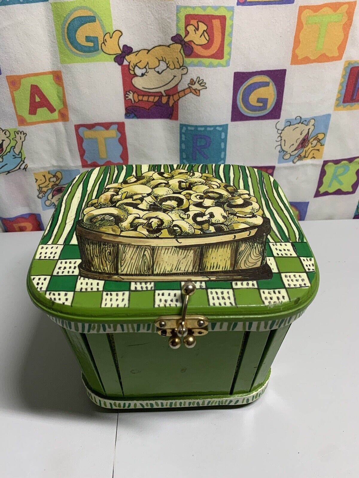 Vintage Handmade Mushroom Wooden Basket Green MCM Tote Storage Box Cottagecore