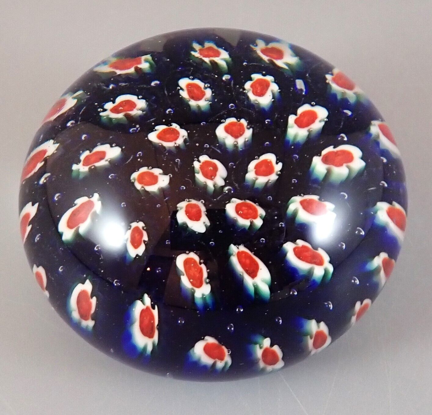 Art Glass Millefiori Unmarked Paperweight Red White & Blue Flowers & Air Bubbles