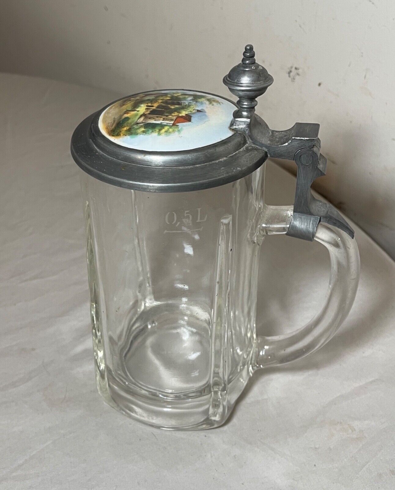 antique hand painted porcelain glass pewter German lidded beer stein mug