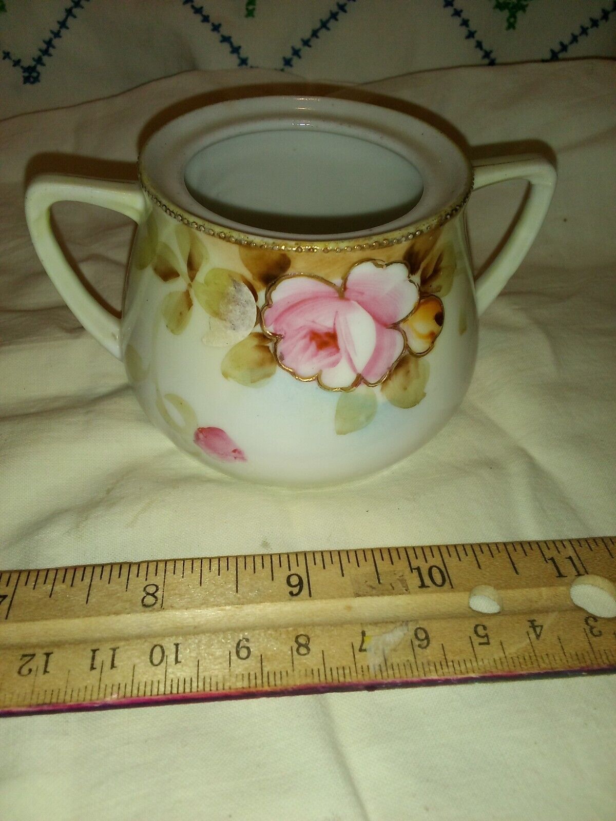 Antique Nippon moriage dainty porcelain sugar bowl deco gold encrusted hp roses