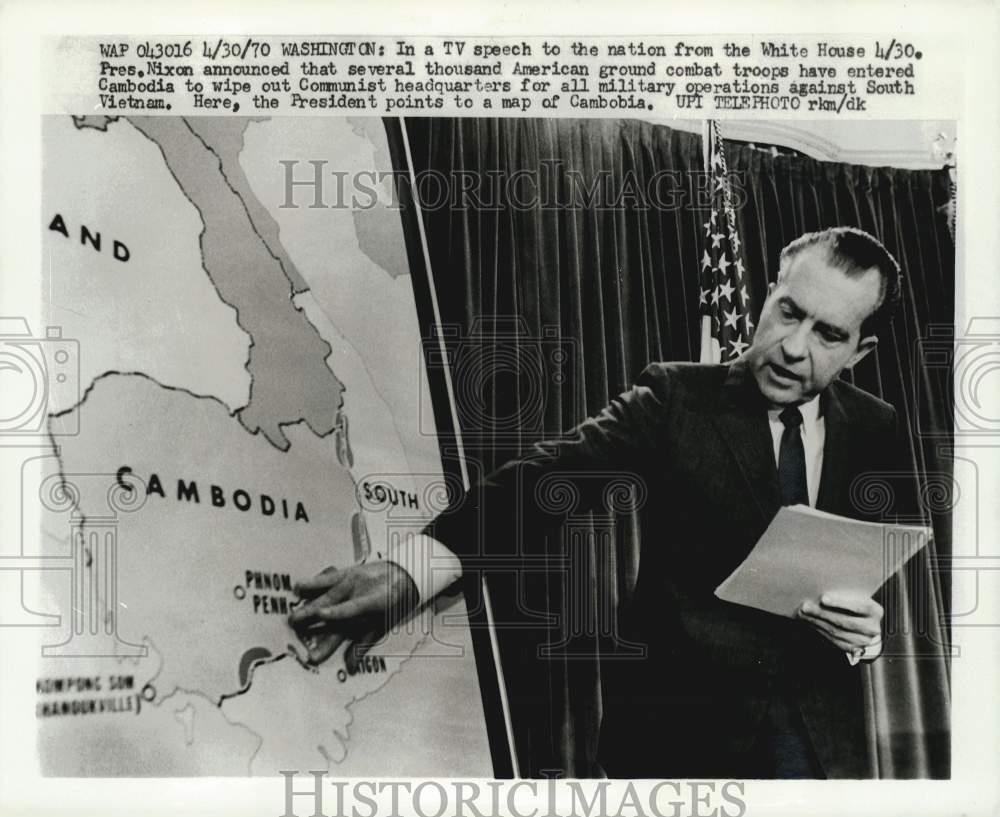 1970 Press Photo President Richard Nixon Shows Cambodia Operation At White House