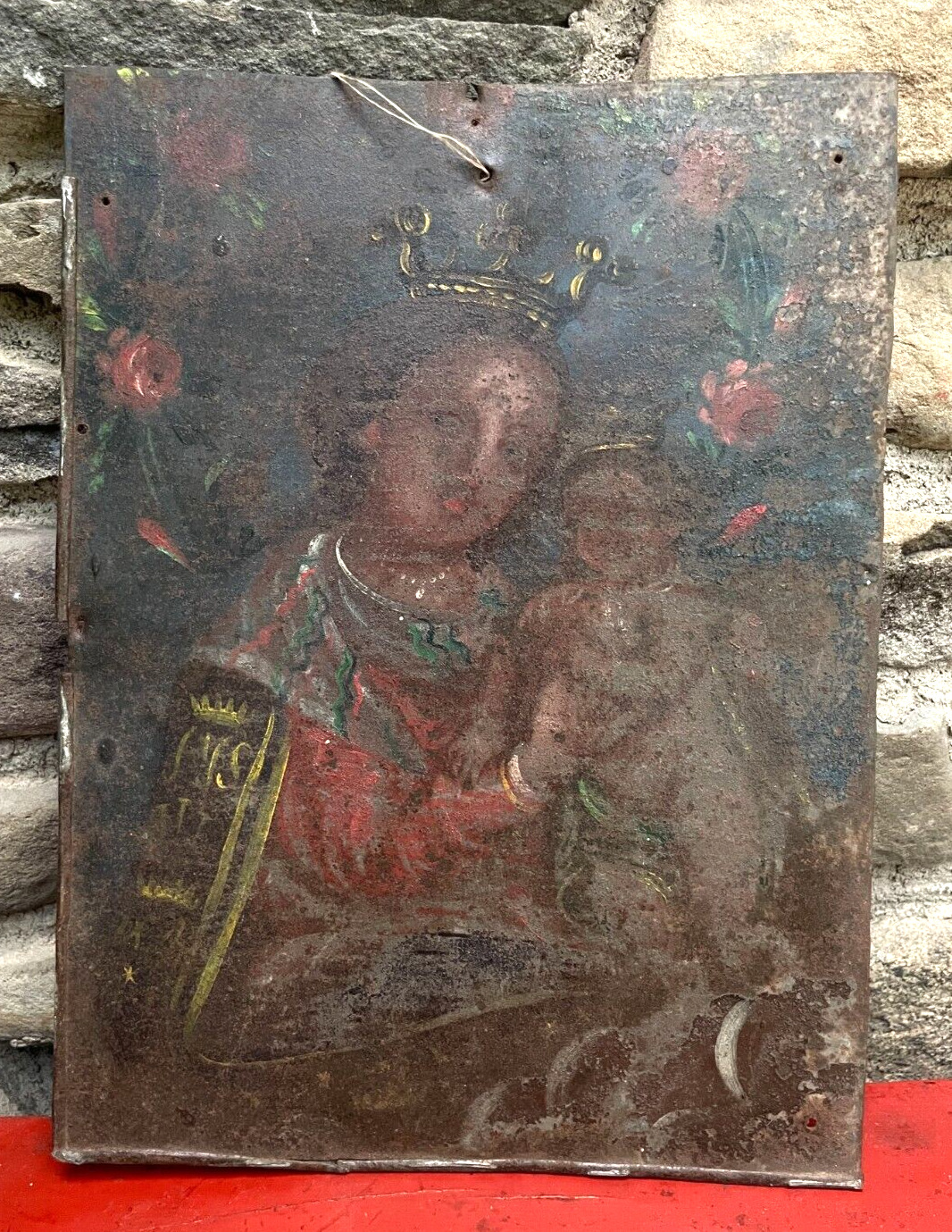 Antique Virgin Mary Retablo Mexico Spanish Colonial Art oil on tin