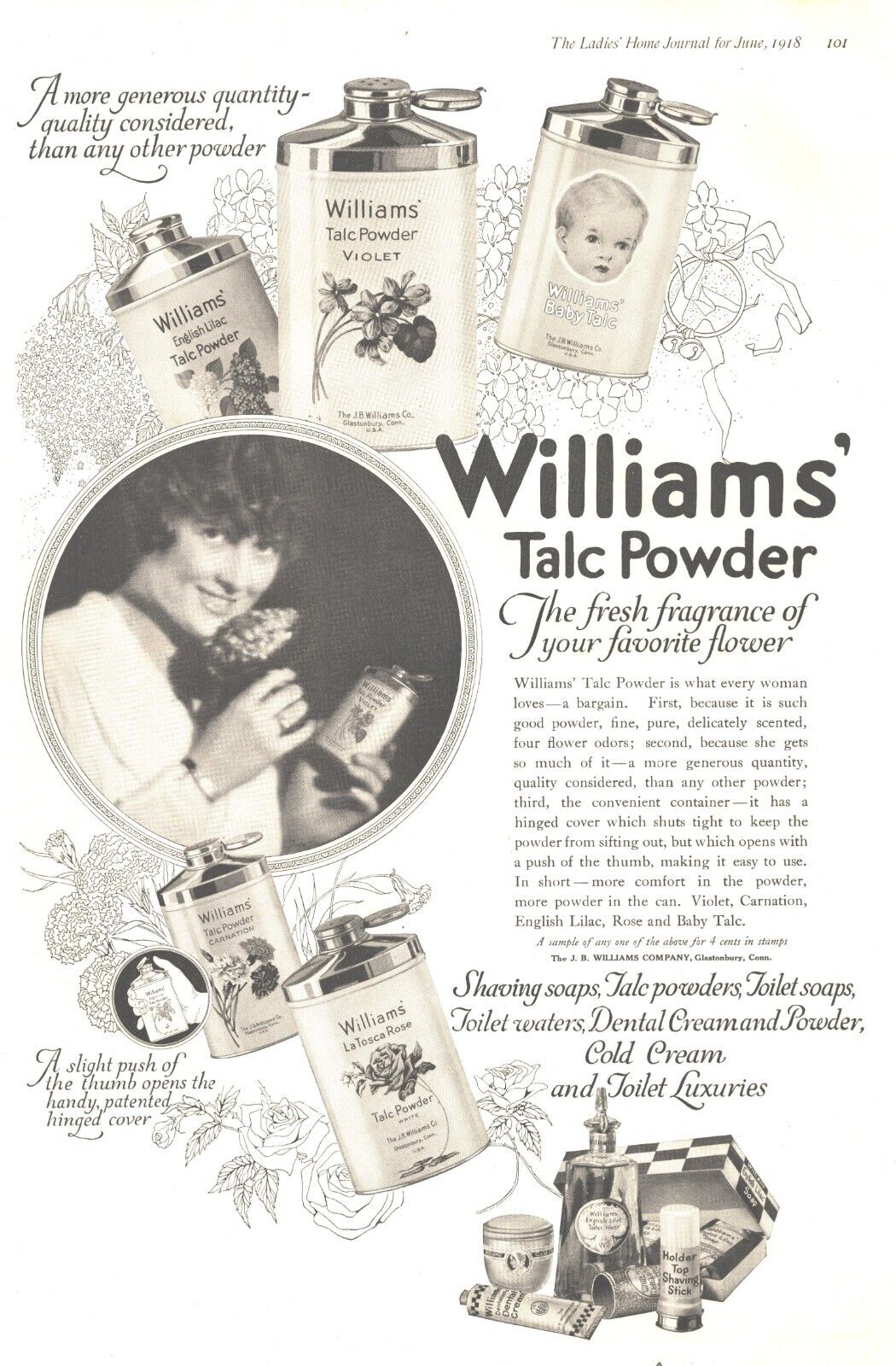 1918 Williams Talc Powder Antique Print Ad World War I Era Flower Fragrance