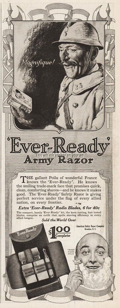 1918 Ever-Ready Army Shaving Kit WWI French Soldier Poilu American Razor Ad