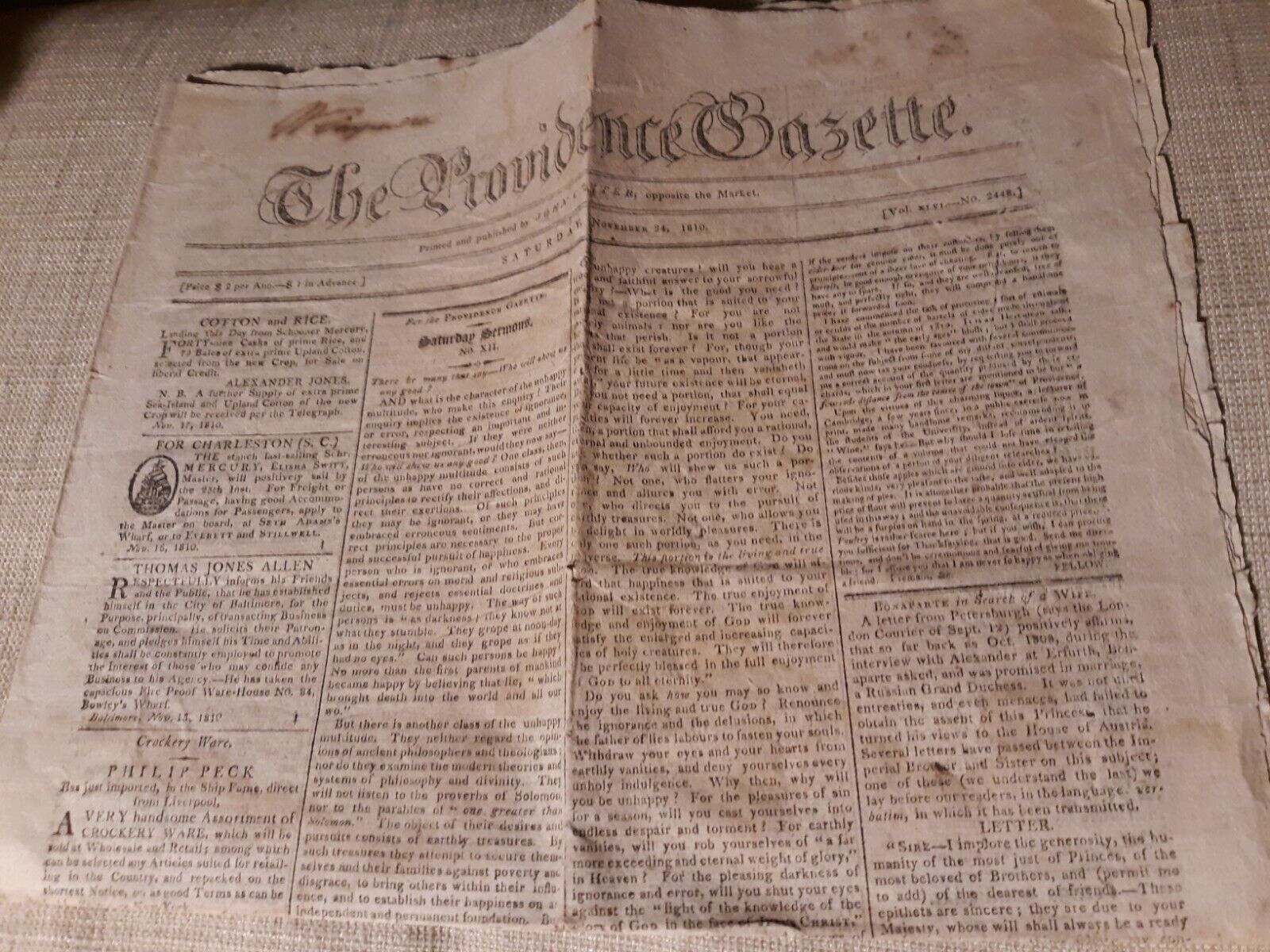 Providence R. I.  Nov. 24. 1810 Gazette newspaper original French Napoleonic war