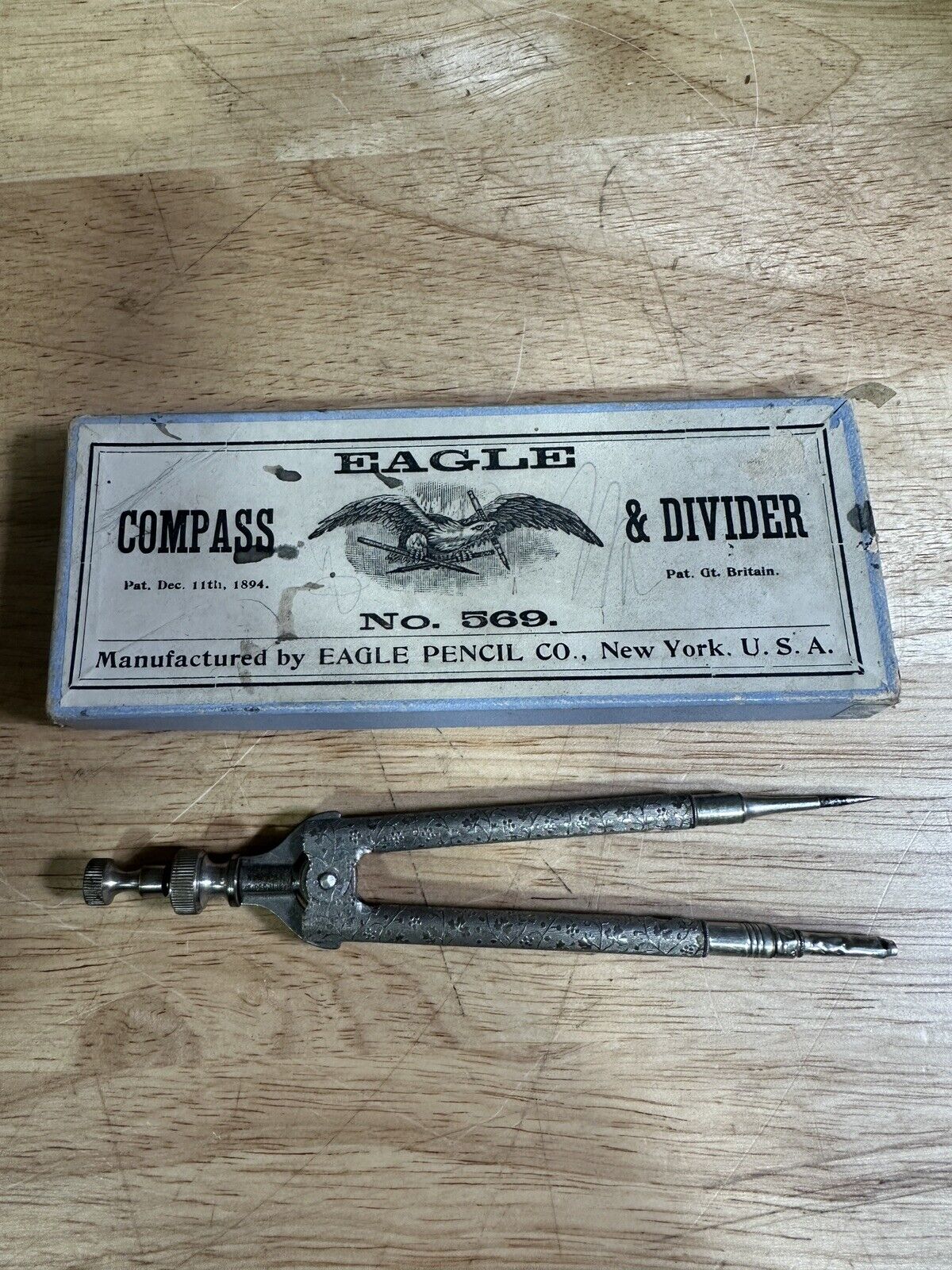 Antique 1894 Eagle Compass & Divider No 569 Tool With Box 