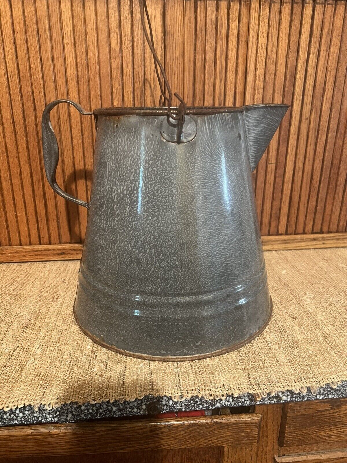 Large Vintage Gray Enamelware Cowboy Coffee Pot Kettle w/ Drainage for Planter