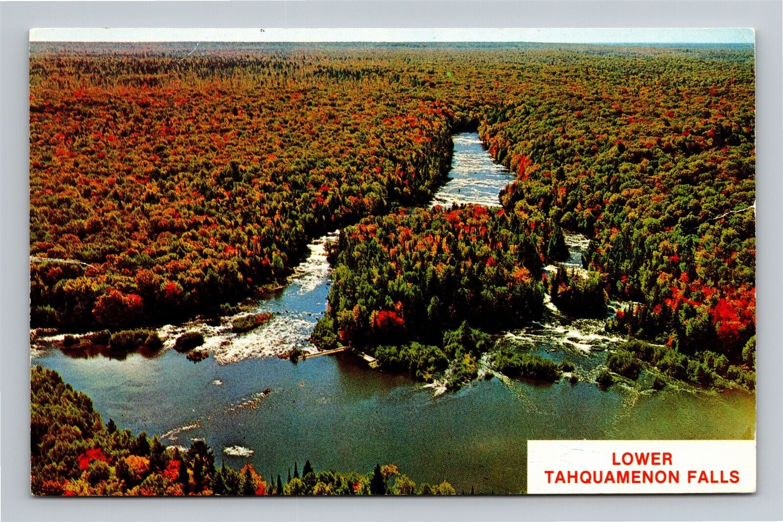 MI Lower Tahquamenon Falls Island Waterfall Vtg Postcard Aerial View Map on Back
